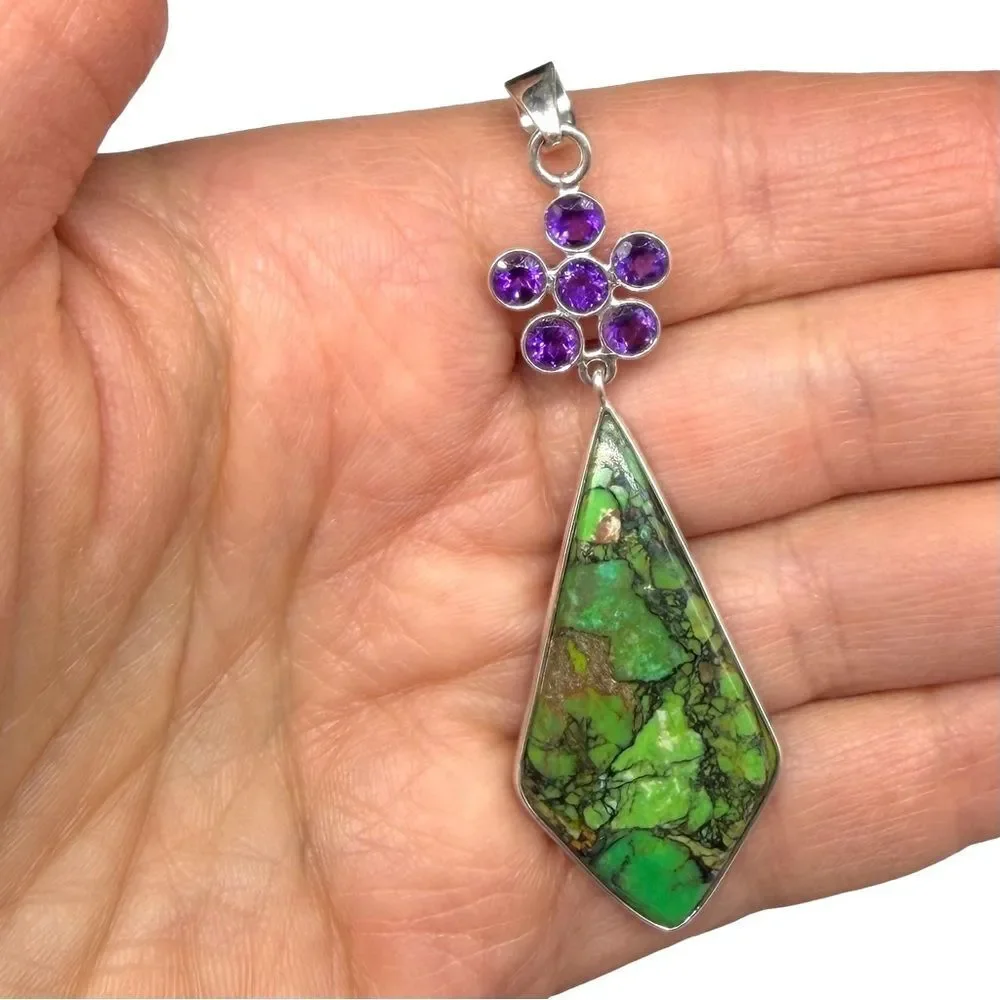 Green Matrix Turquoise Necklace Pendant Amethyst Flower 925 Sterling Silver
